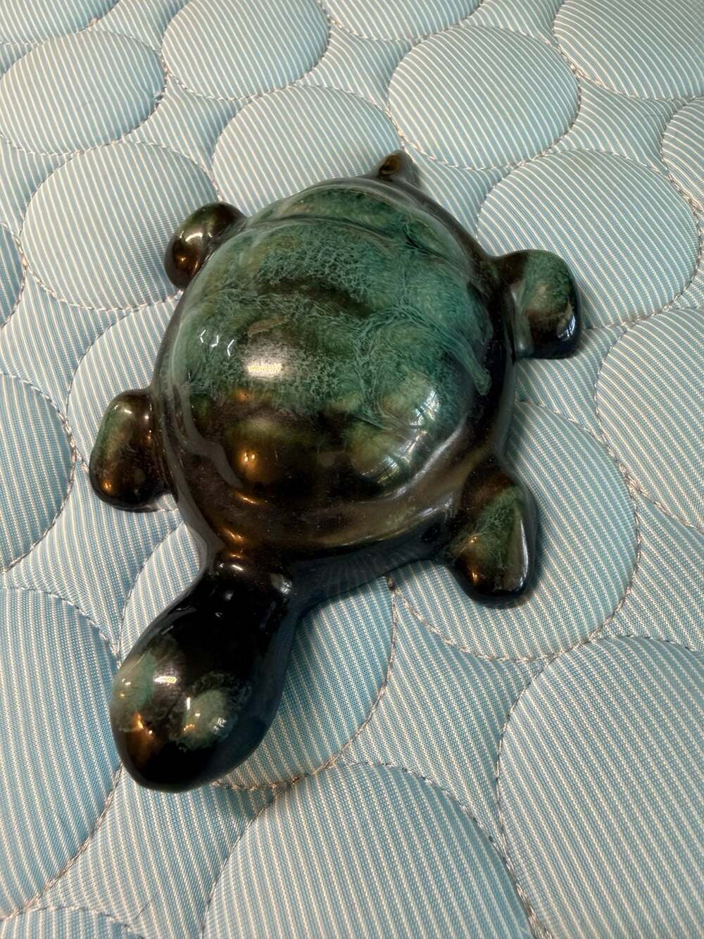 Vintage Blue Mountain Pottery Turtle Figurine Green Drip Glaze